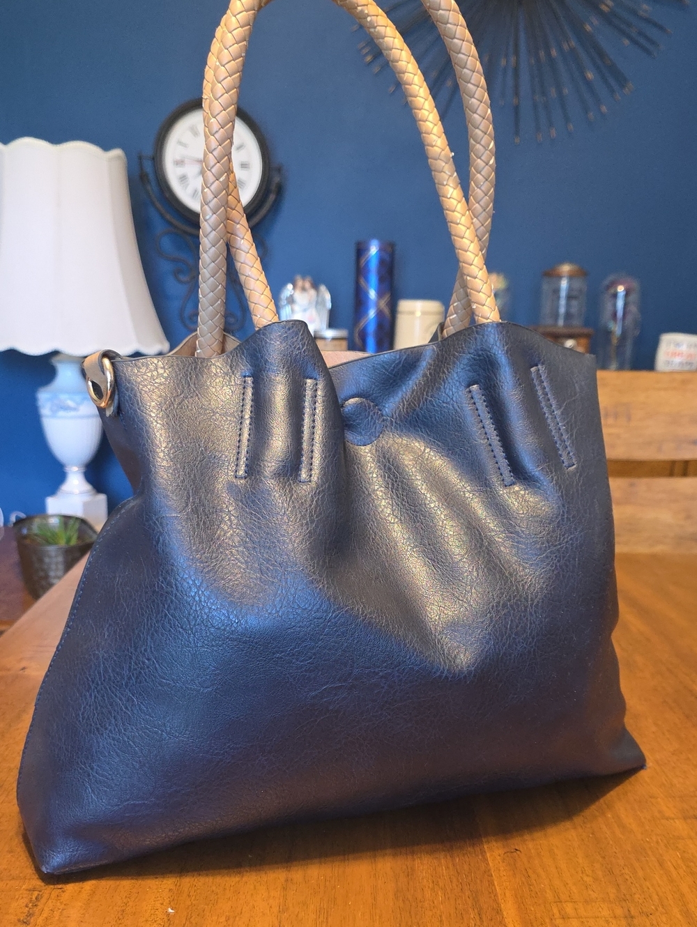 Classic Black Tote Bag with Braided Tan Handles - Picture 16 of 16